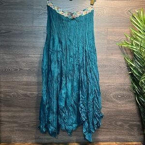 Chaudry KC Bohemian Maxi Skirt with Embellished Waist in Teal, Size Medium. NWT!